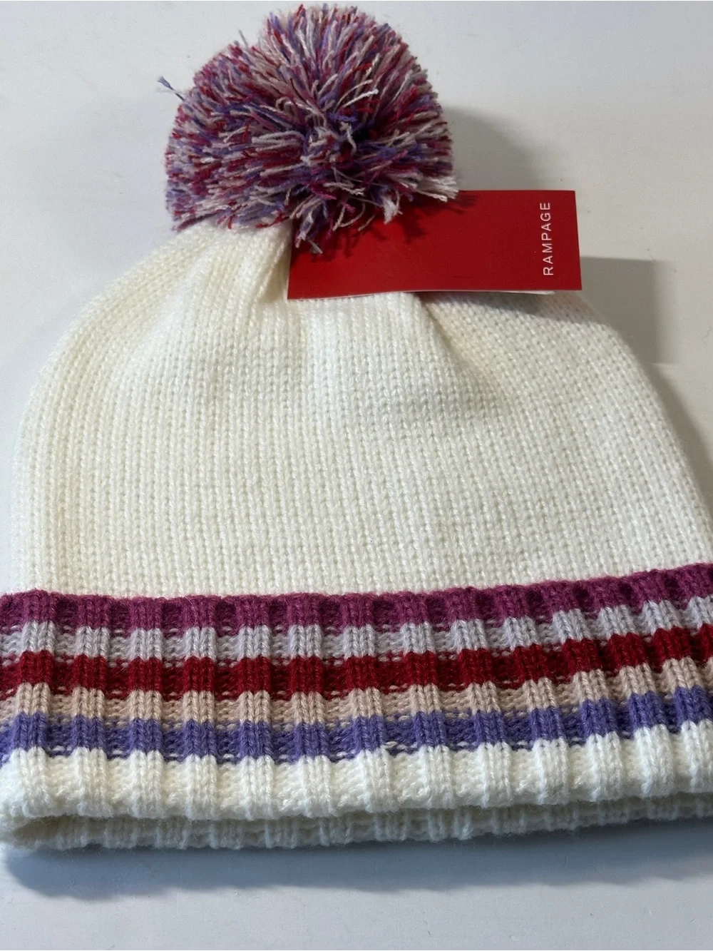 NWT Rampage Cream Multicolor Striped Pom Pom Beanie